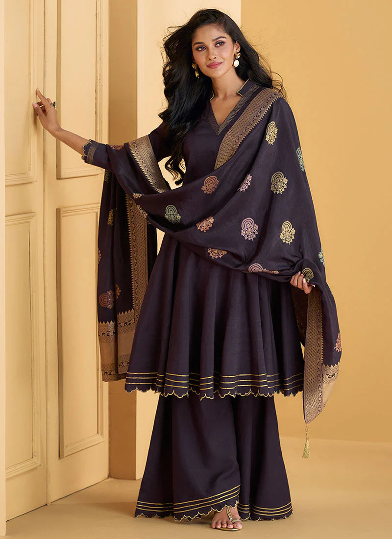 Trendy Deep Purple Embroidered Short Anarkali with Pant Style