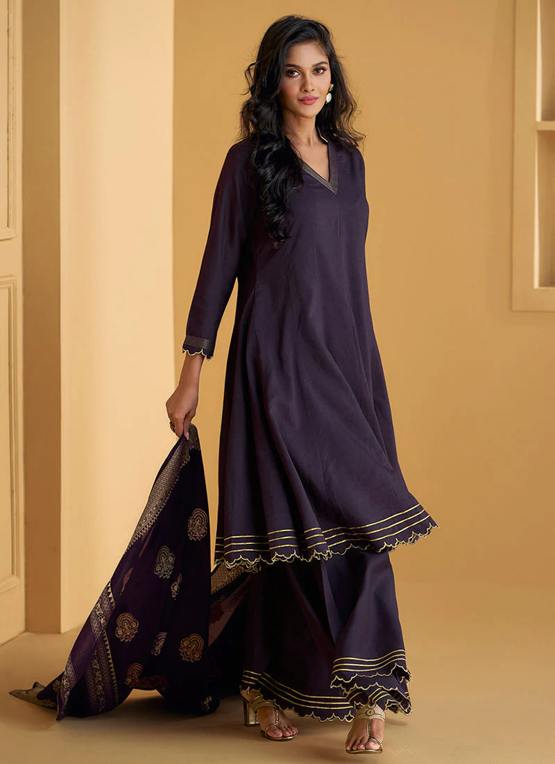 Trendy Deep Purple Embroidered Short Anarkali with Pant Style