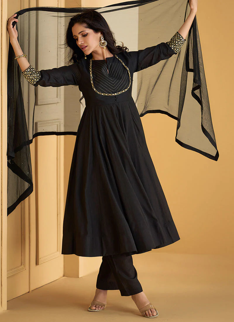 Trendy Black Embroidered Short Anarkali with Pant Style