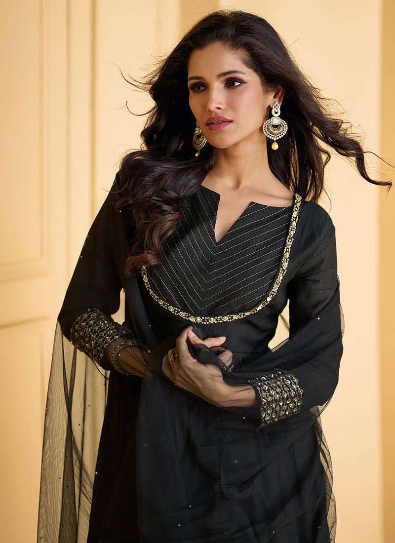 Trendy Black Embroidered Short Anarkali with Pant Style