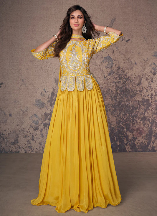 Vibrant Yellow Handwork Embroidered Anarkali Gown