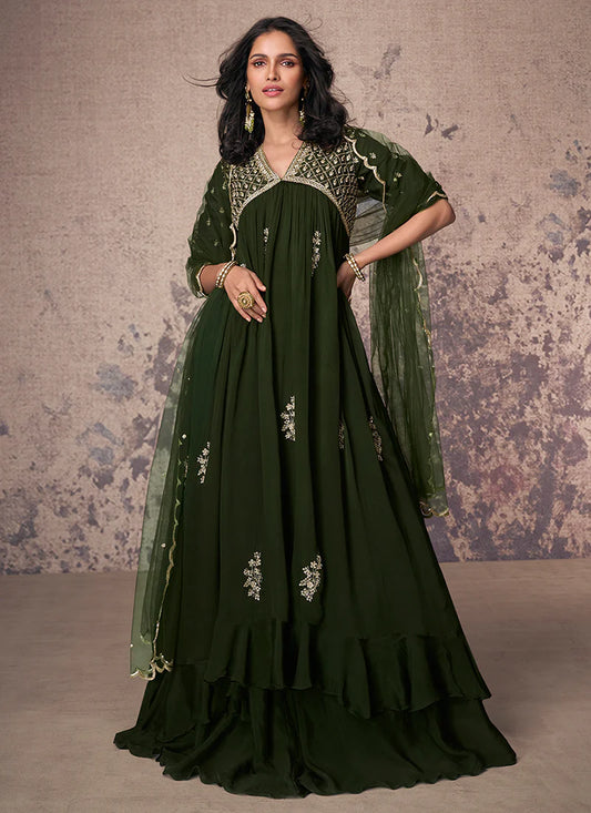 Vibrant Olive Green Handwork Embroidered Anarkali Gown