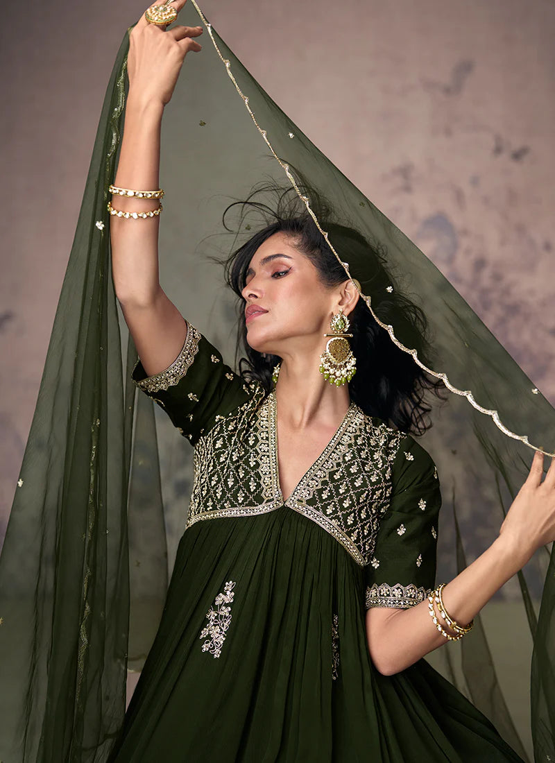 Vibrant Olive Green Handwork Embroidered Anarkali Gown