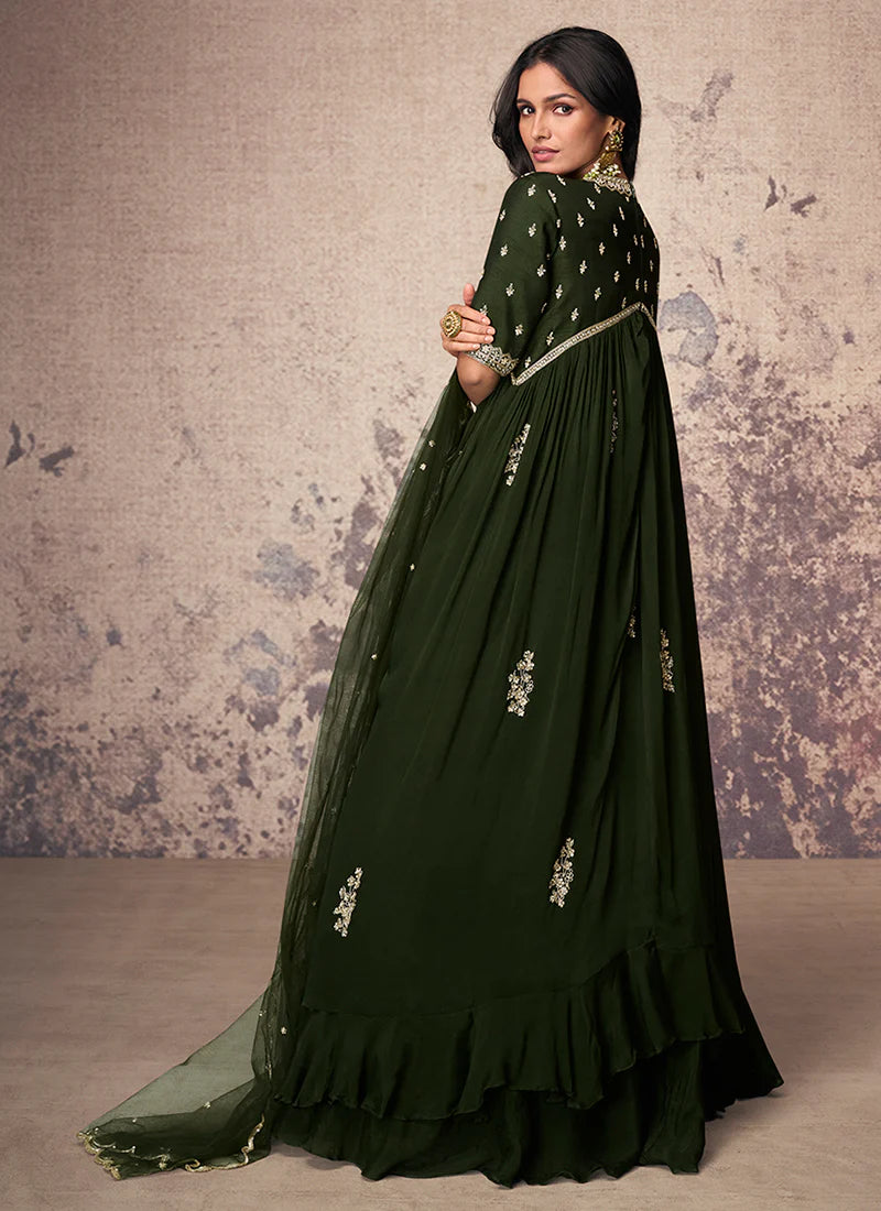 Vibrant Olive Green Handwork Embroidered Anarkali Gown