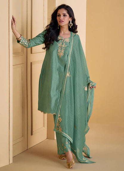 Stylish Green Embroidered Pant Suit for Events