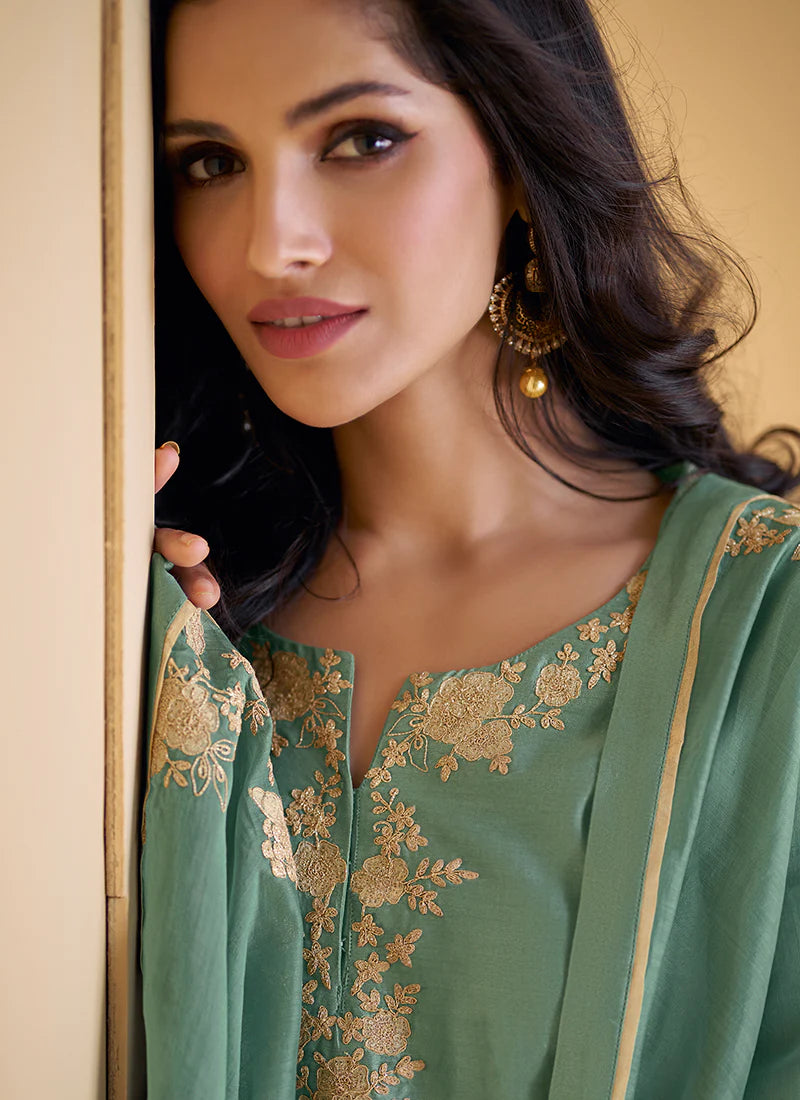 Stylish Green Embroidered Pant Suit for Events