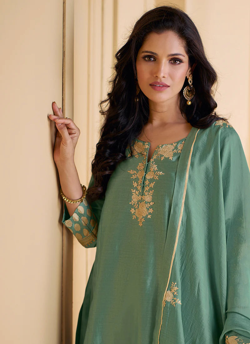 Stylish Green Embroidered Pant Suit for Events