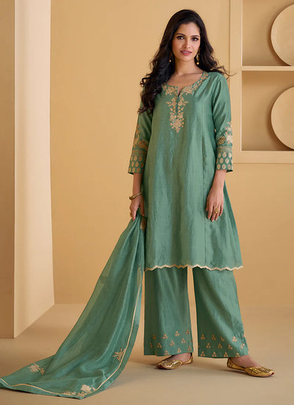 Stylish Green Embroidered Pant Suit for Events