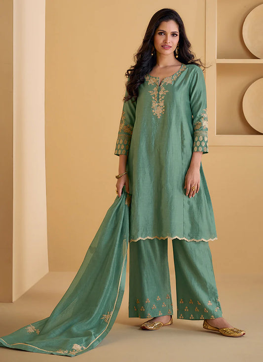 Stylish Green Embroidered Pant Suit for Events