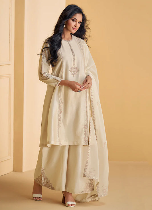 Stylish Pearl White Embroidered Palazzo Suit for Events