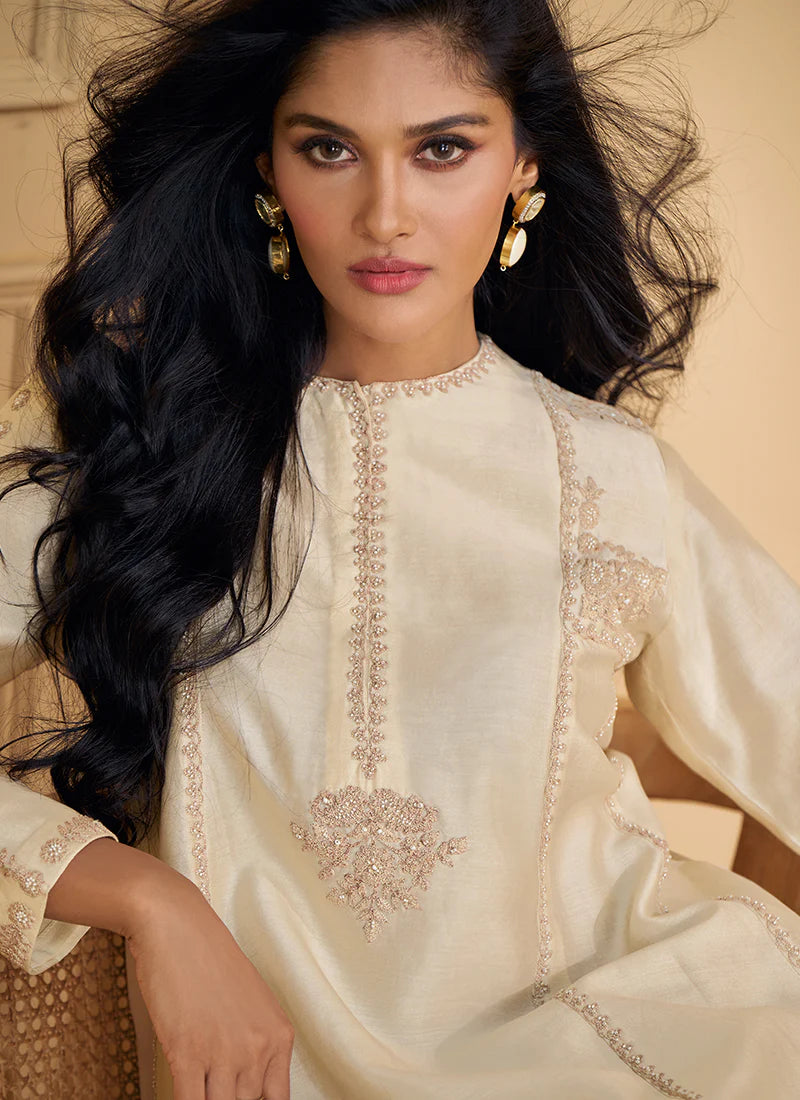 Stylish Pearl White Embroidered Palazzo Suit for Events