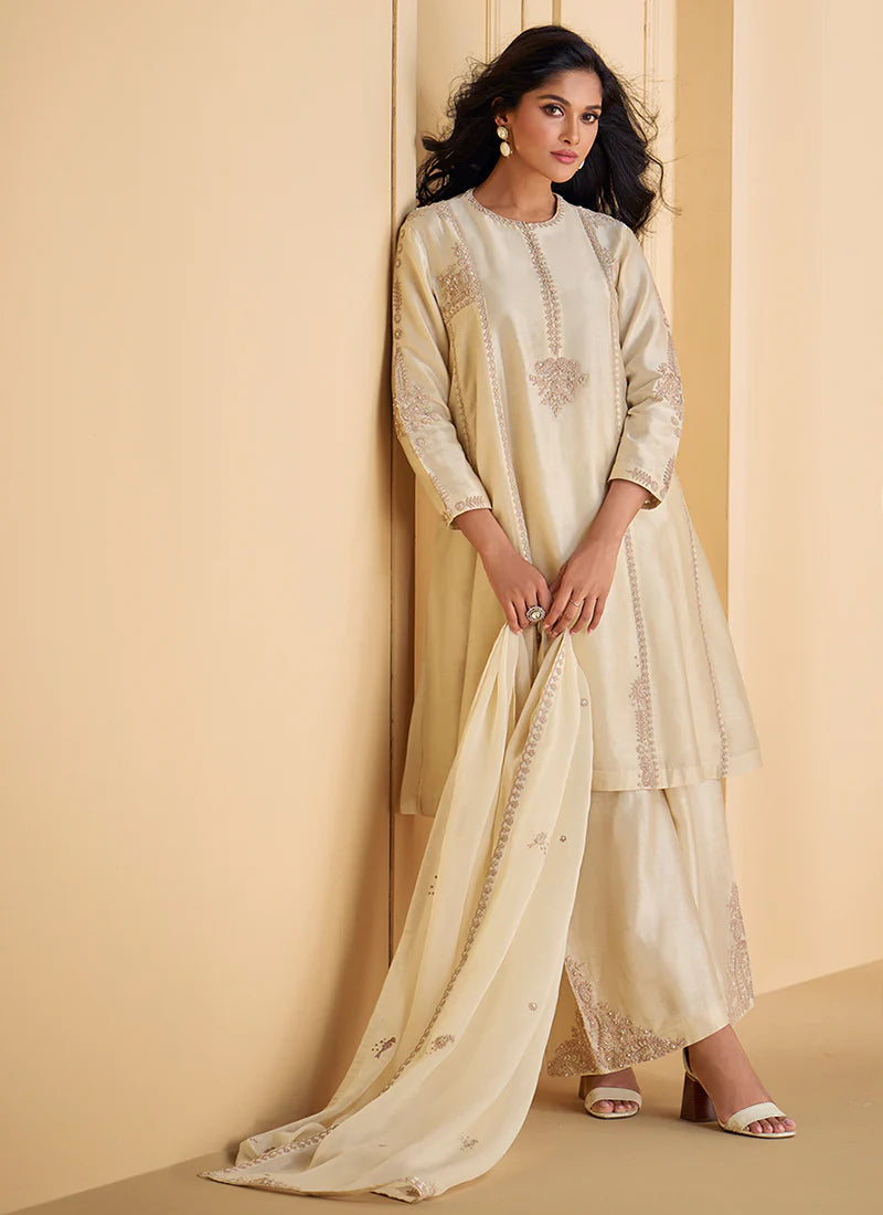 Stylish Pearl White Embroidered Palazzo Suit for Events