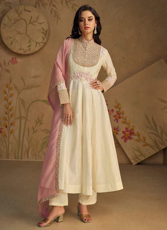 Off White Multi-Embroidery Anarkali Pant Suit features a stylish slit