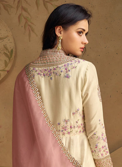 Off White Multi-Embroidery Anarkali Pant Suit features a stylish slit