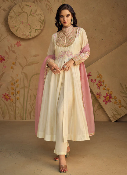 Off White Multi-Embroidery Anarkali Pant Suit features a stylish slit