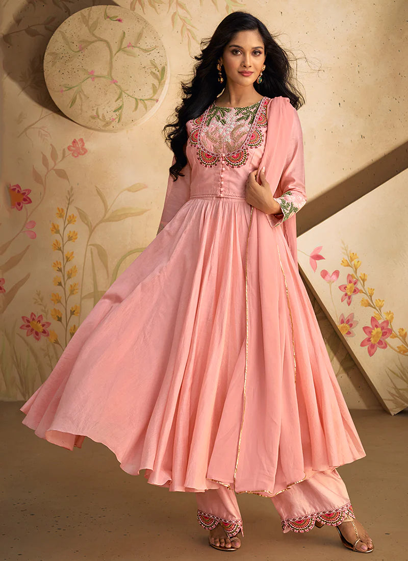 Light Pink Multi-Embroidery Anarkali Pant Suit features a stylish slit