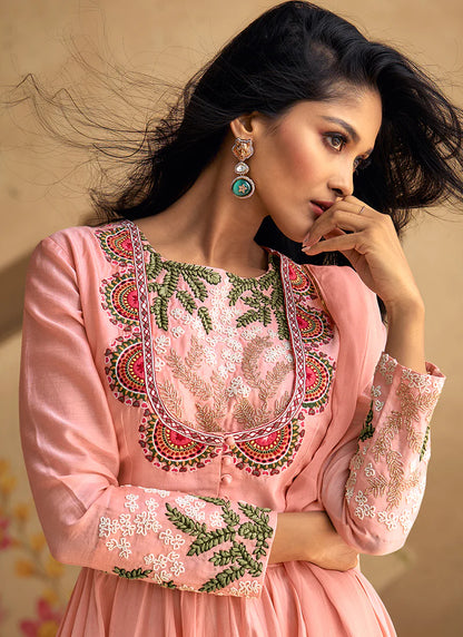 Light Pink Multi-Embroidery Anarkali Pant Suit features a stylish slit