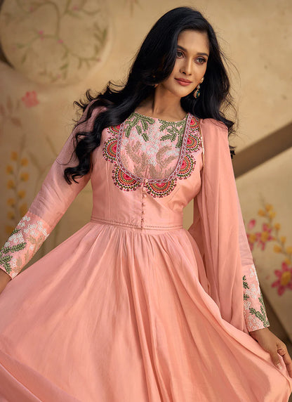 Light Pink Multi-Embroidery Anarkali Pant Suit features a stylish slit