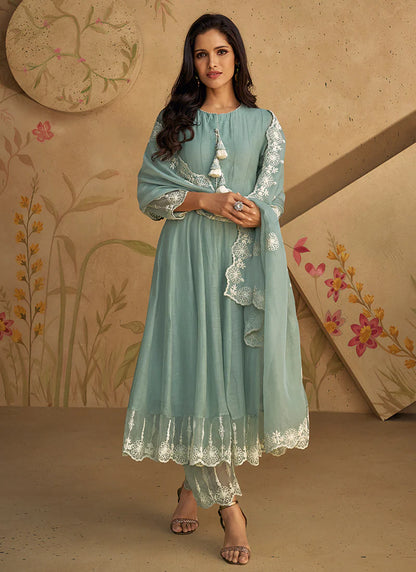 Pastel Blue Multi-Embroidery Anarkali Pant Suit features a stylish slit