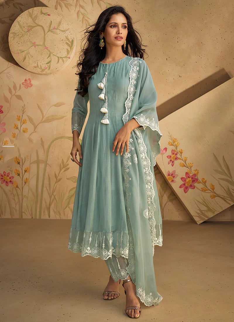 Pastel Blue Multi-Embroidery Anarkali Pant Suit features a stylish slit