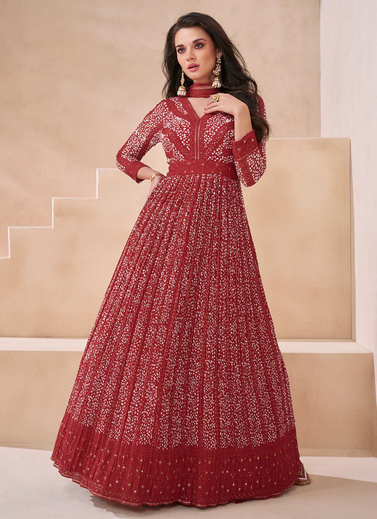 Red Embroidered Anarkali Gown is ideal for parties and ethnic wear