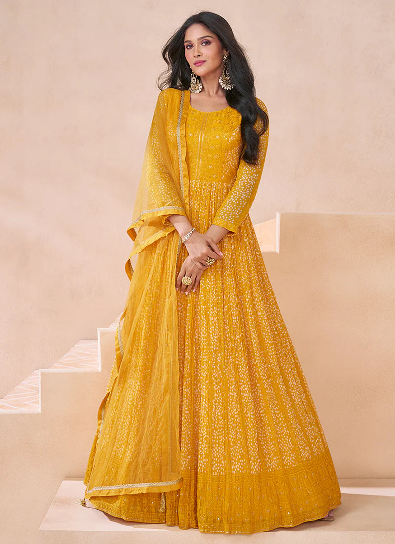 Yellow Embroidered Anarkali Gown is ideal for parties and ethnic wear