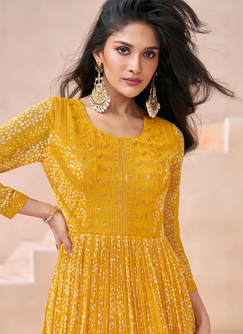 Yellow Embroidered Anarkali Gown is ideal for parties and ethnic wear