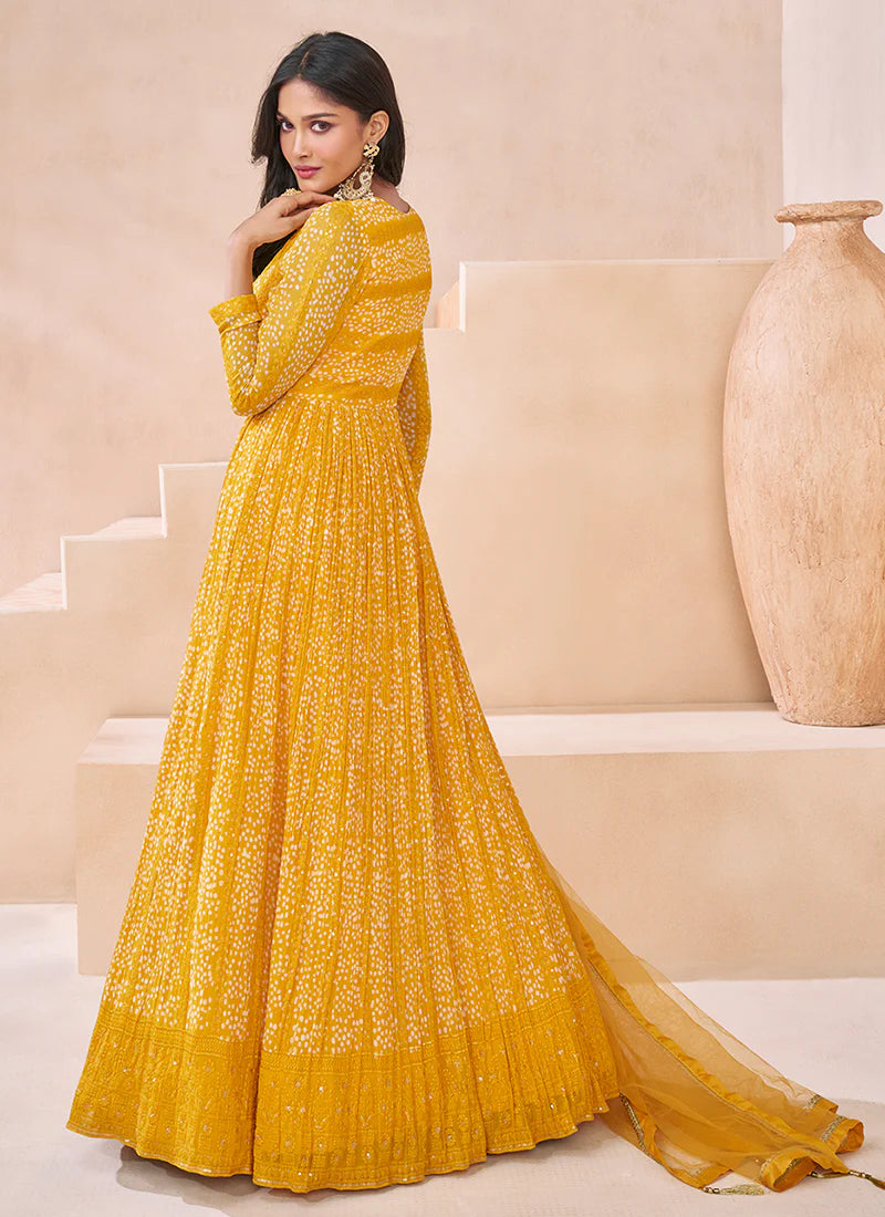 Yellow Embroidered Anarkali Gown is ideal for parties and ethnic wear