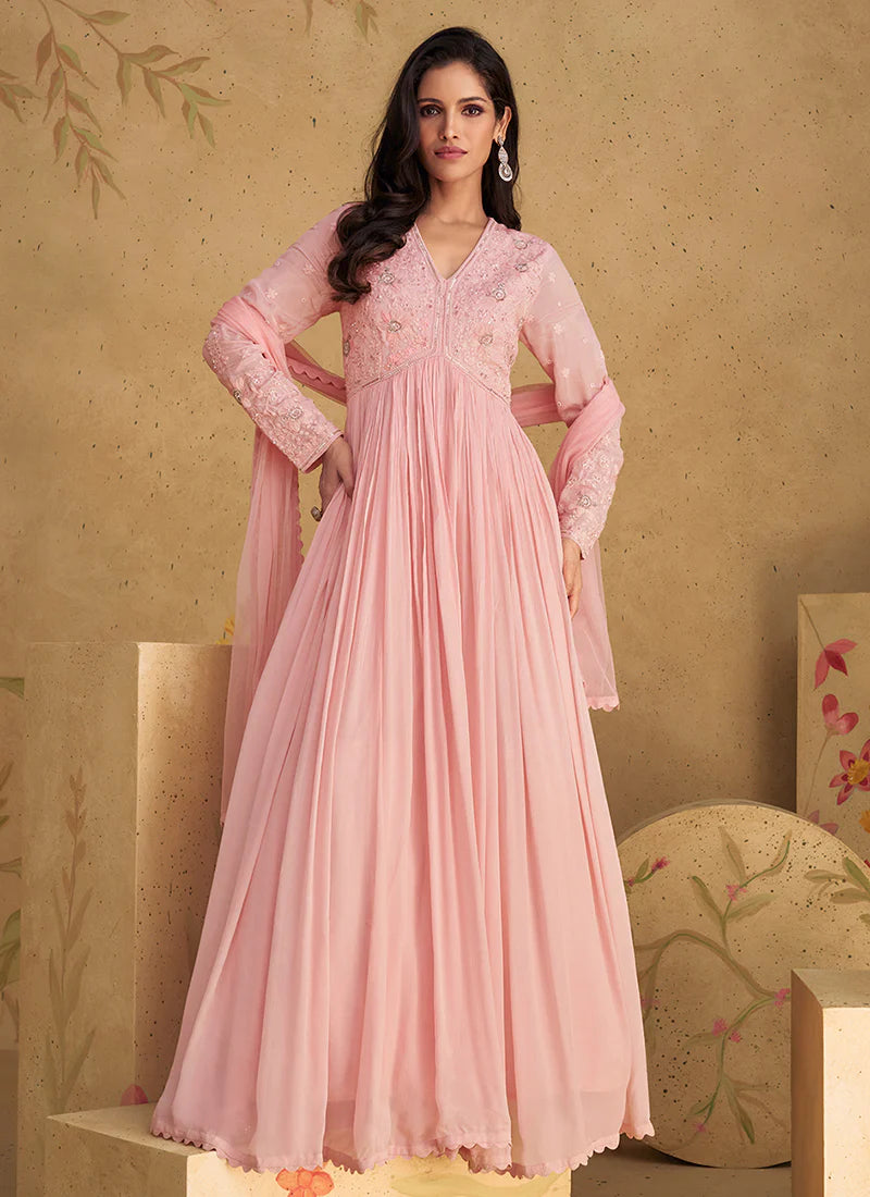 Baby Pink Embroidered Wedding Party Anarkali Gown Dress With Dupatta