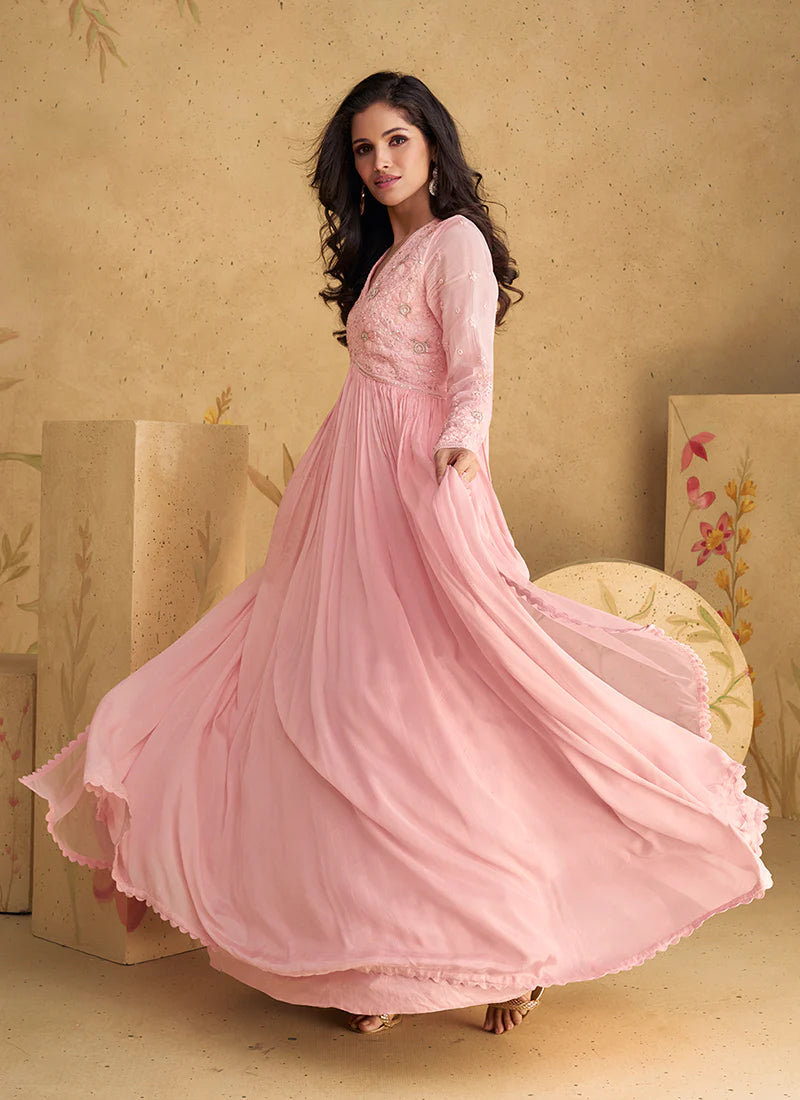 Baby Pink Embroidered Wedding Party Anarkali Gown Dress With Dupatta