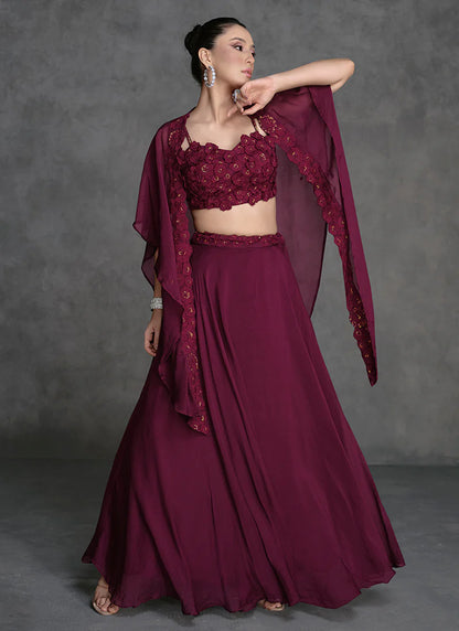 Deep Wine Lehenga with Appliqué Embroidery and Cape