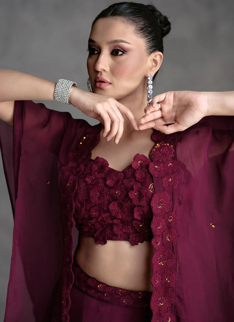 Deep Wine Lehenga with Appliqué Embroidery and Cape