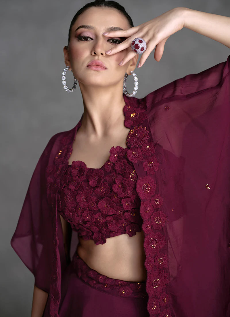 Deep Wine Lehenga with Appliqué Embroidery and Cape