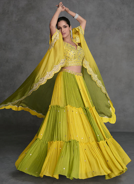 Yellow and Green Lehenga with Appliqué Embroidery and Cape