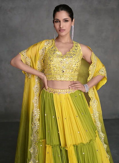 Yellow and Green Lehenga with Appliqué Embroidery and Cape