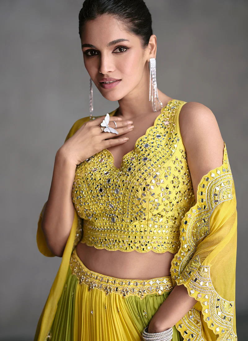 Yellow and Green Lehenga with Appliqué Embroidery and Cape