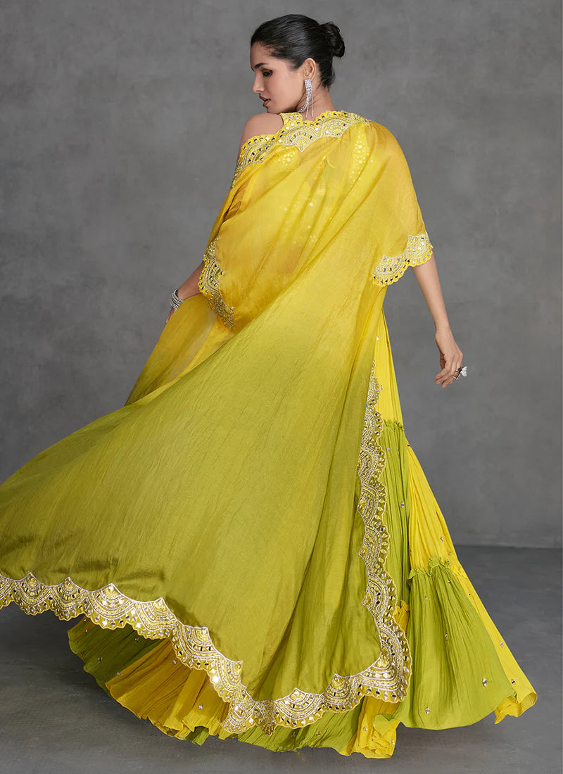 Yellow and Green Lehenga with Appliqué Embroidery and Cape