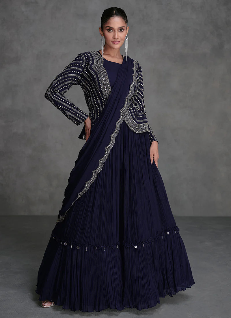 Navy Blue Lehenga with Appliqué Embroidery and Cape