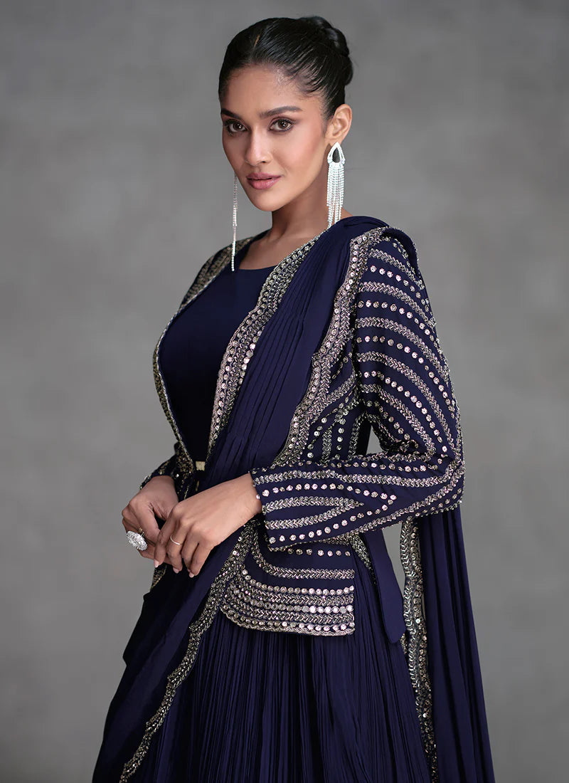 Navy Blue Lehenga with Appliqué Embroidery and Cape