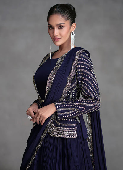 Navy Blue Lehenga with Appliqué Embroidery and Cape