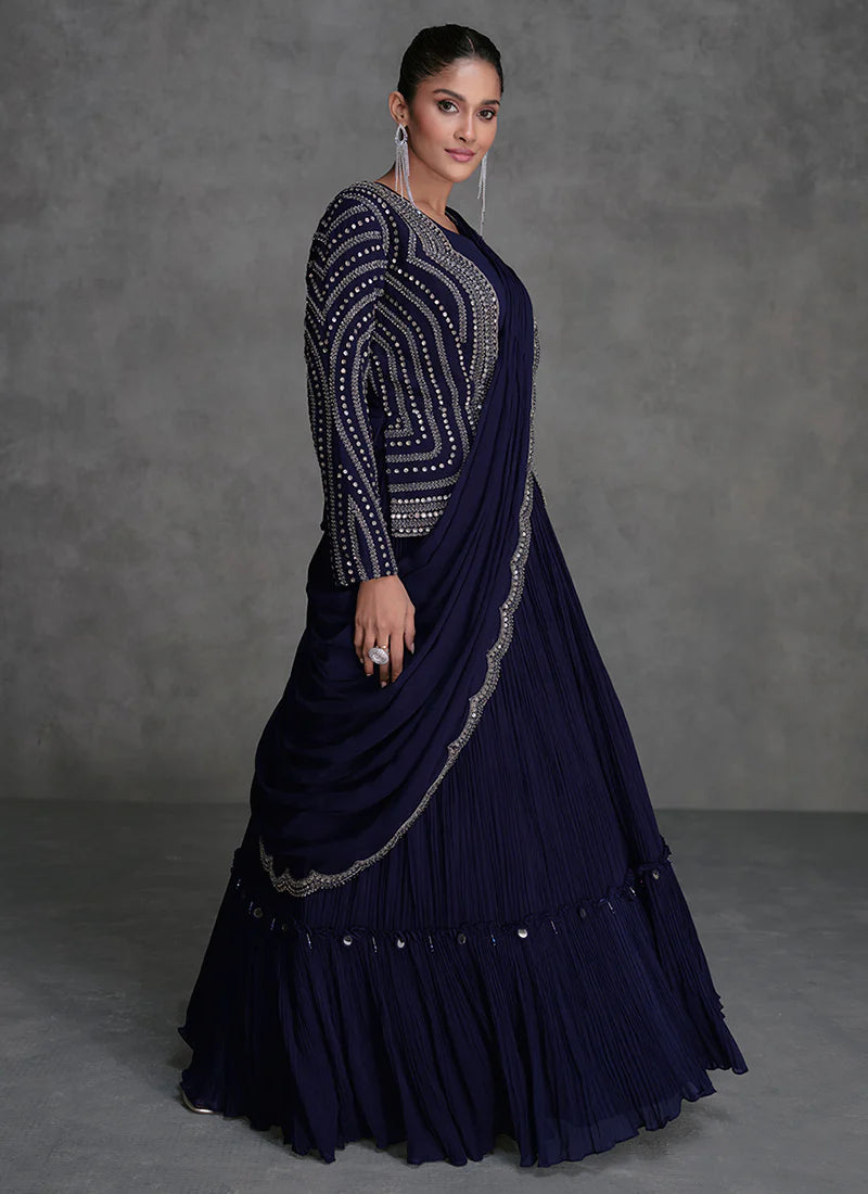 Navy Blue Lehenga with Appliqué Embroidery and Cape