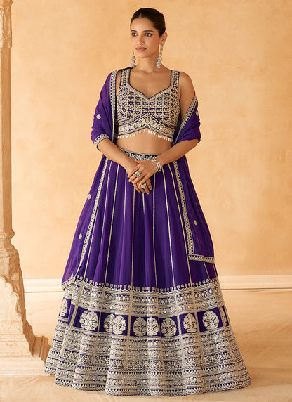 Luxurious Royal Purple Traditional Embroidered Bridal Lehenga