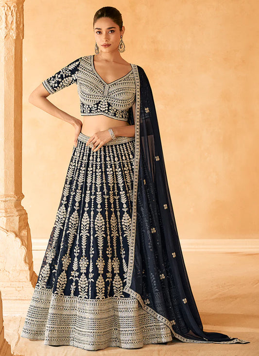 Luxurious Navy Blue Traditional Embroidered Bridal Lehenga