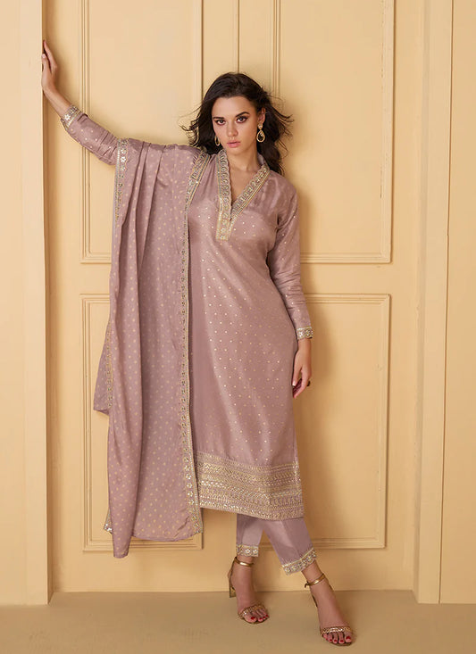 Designer Mauve Purple Embroidered Silk Salwar Kameez