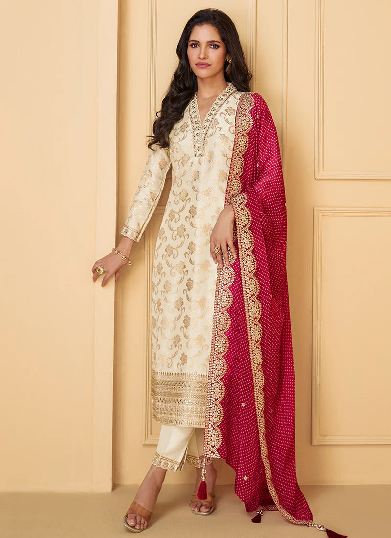 Designer Cream and Red Embroidered Silk Salwar Kameez