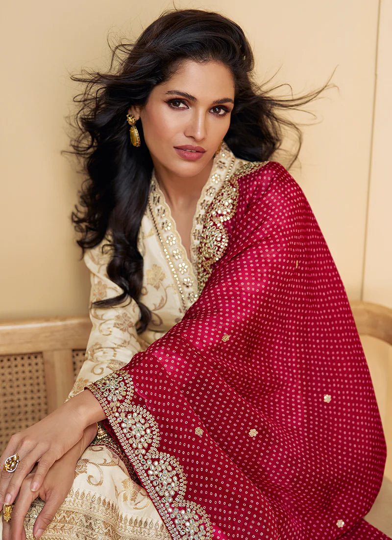 Designer Cream and Red Embroidered Silk Salwar Kameez