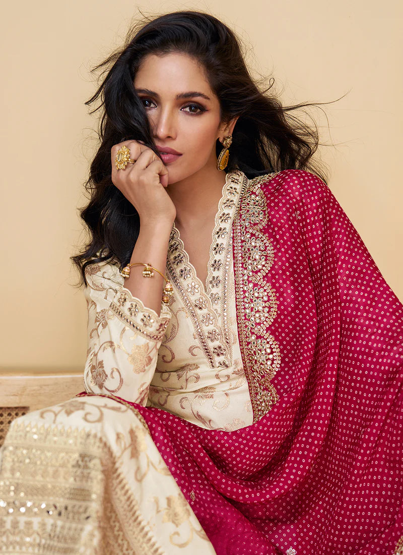 Designer Cream and Red Embroidered Silk Salwar Kameez