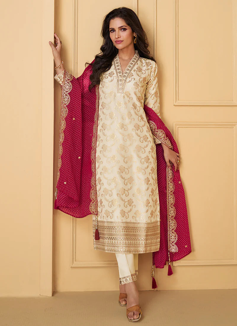 Designer Cream and Red Embroidered Silk Salwar Kameez