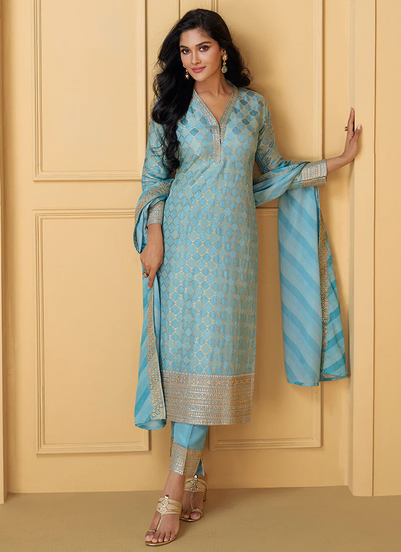 Designer Sky Blue Embroidered Silk Salwar Kameez