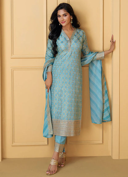 Designer Sky Blue Embroidered Silk Salwar Kameez